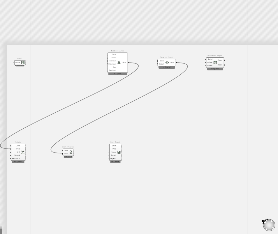 Design Controls Grasshopper canvas with Number Input wired to Metric and Toggle Input wired to Text Output